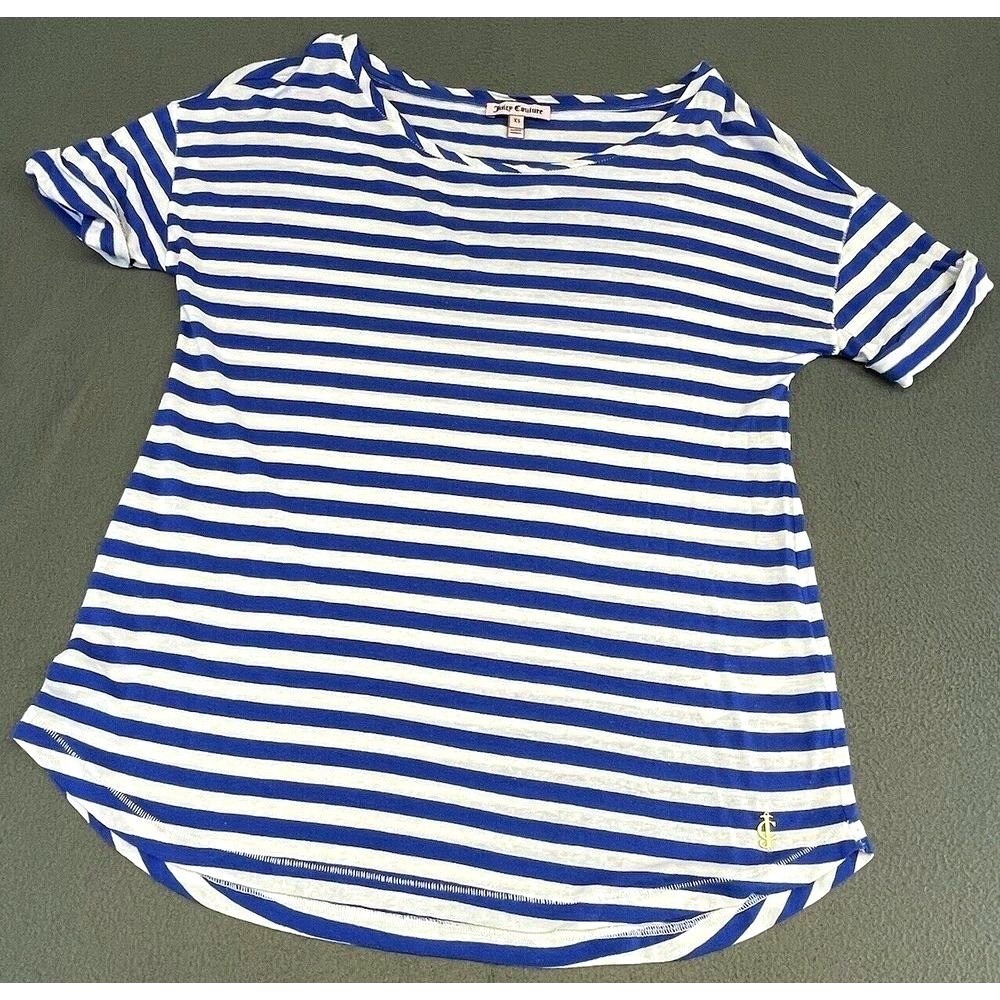 Juicy Couture Women Nautical Striped Tee Blue White Short Sleeve Shirt Size M